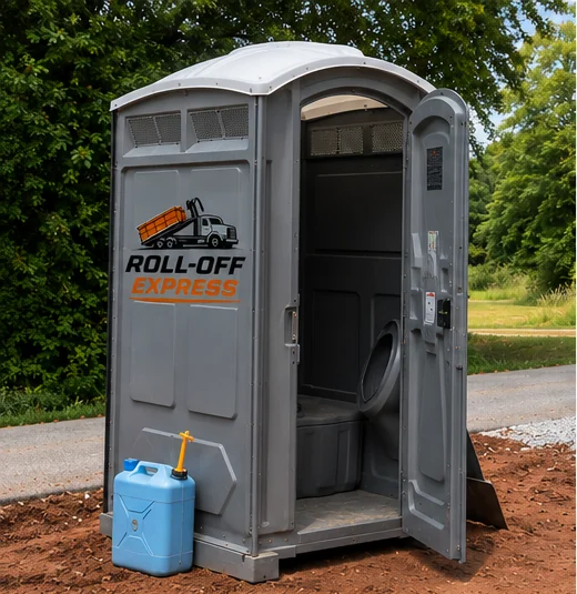 Clean Roll-Off Express portable toilet on a construction site